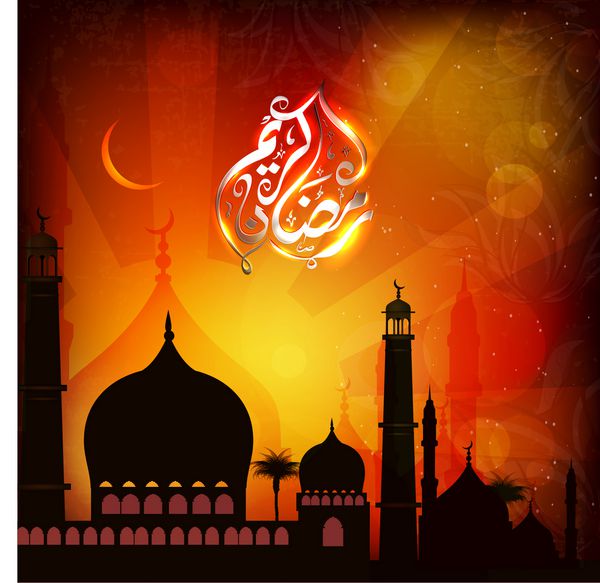 رسم الخط اسلامی عربی متن براق رمضان کریم یا رمضان کریم با شبح مسجد یا مسجد در پس زمینه شب روشن ماه