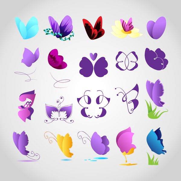 نمادهای پروانه ها - مجموعه - جدا شده در پس زمینه خاکستری - وکتور طرح گرافیکی قابل ویرایش برای طرح شما لوگوی پروانه ها