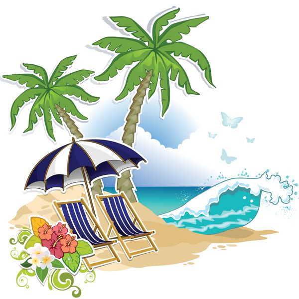 صندلی‌ها و چترهای ساحلی در بهشت گرمسیری جلوه‌های ترکیبی شفاف و توری شیب دار-