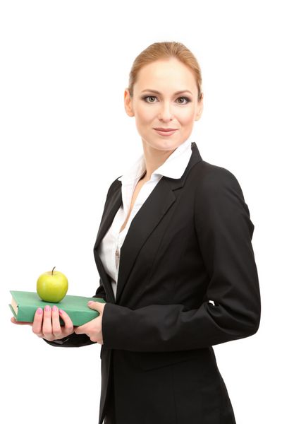 پرتره زن معلم با کتاب و سیب جدا شده روی سفید