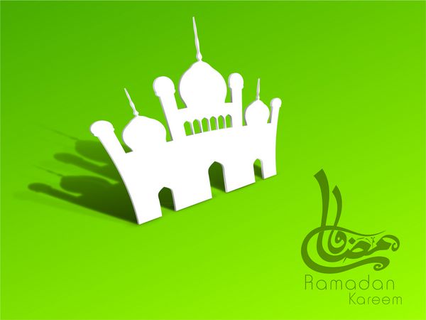 رسم الخط اسلامی عربی متن رمضان کریم در زمینه سبز با مسجد