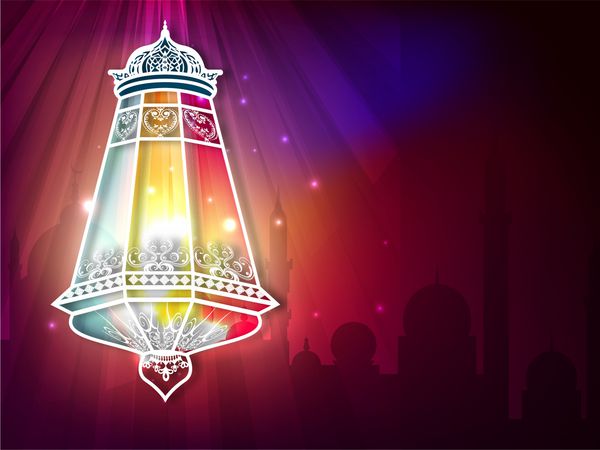 لامپ پیچیده عربی نورانی روی رنگارنگ براق برای رمضان کریم