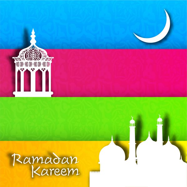 پس زمینه رنگارنگ رمضان کریم با چراغ عربی مسجد و ماه