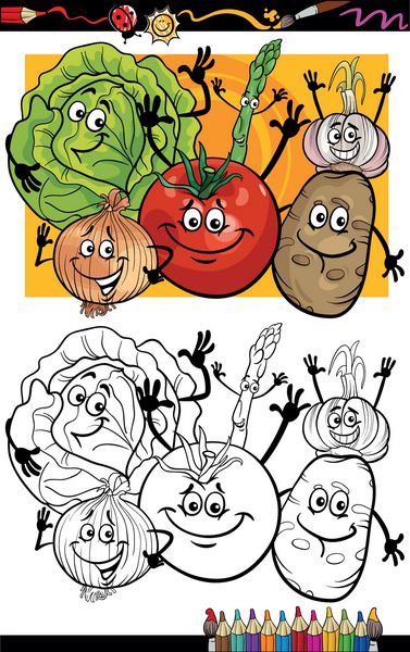 کتاب رنگ آمیزی یا صفحه طنز کارتون وکتور تصویر کمیک سبزیجات گروه اشیاء غذایی برای آموزش کودکان