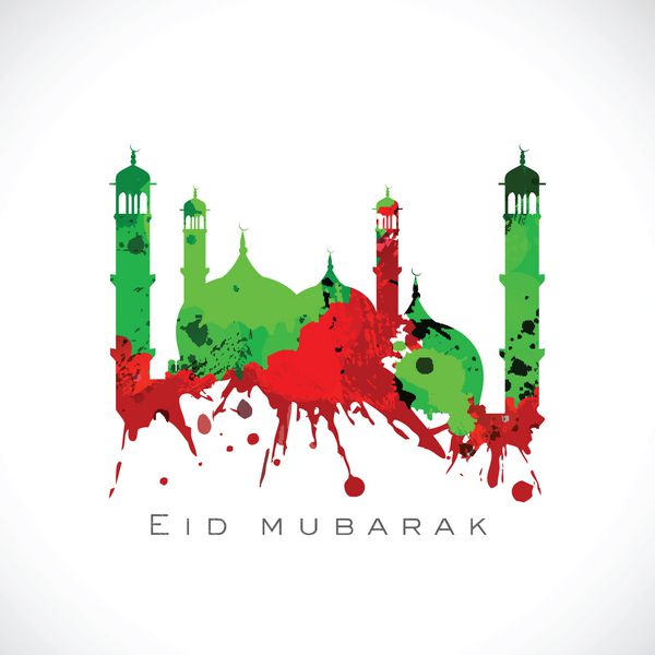 مفهوم عید مبارک با مسجد سبز در پس زمینه قرمز تیره