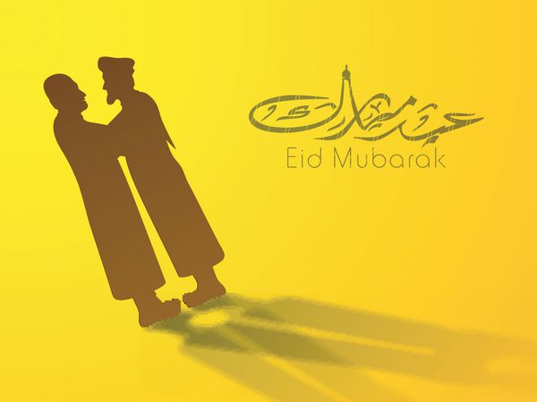رسم الخط اسلامی عربی متن عید مبارک با مردان مسلمان با لباس های سنتی در حال آرزوی یکدیگر در زمینه زرد