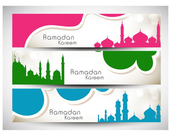 مجموعه هدر یا بنر سایت با نمای مسجد در پس زمینه امواج برای رمضان کریم