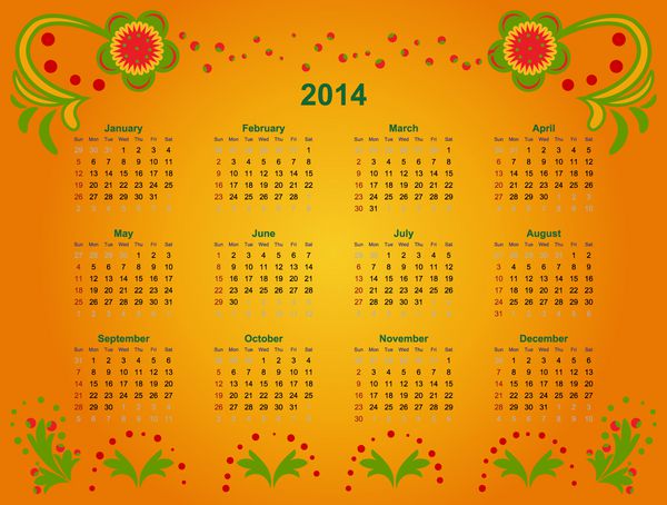 شبکه تقویم در سال 2014 با عناصر Art khokhloma وکتور
