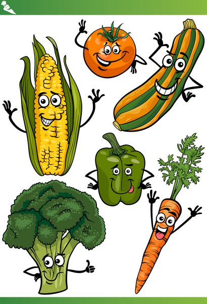مجموعه کاراکترهای طنز وکتور کارتونی از غذاهای شاد سبزیجات