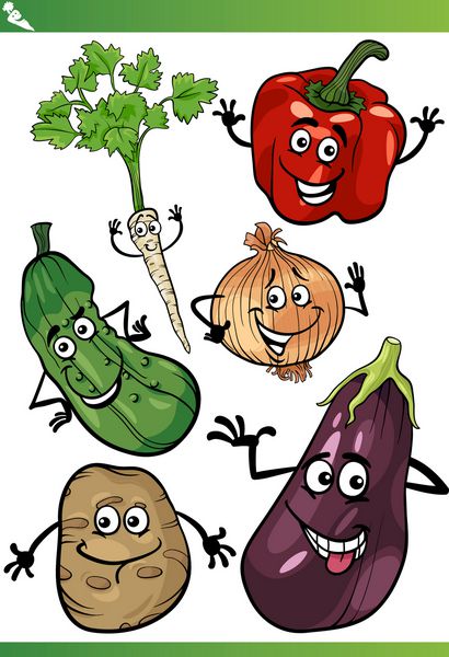 وکتور کارتونی مجموعه شخصیت های غذای سبزیجات خنده دار