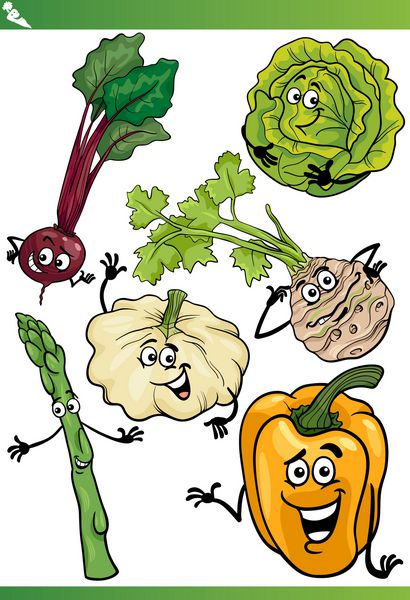 مجموعه کاراکترهای طنز وکتور کارتونی از غذاهای شاد سبزیجات