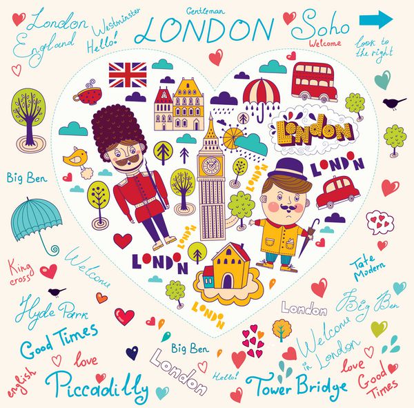 مجموعه خلاقانه وکتور با نمادها و نشانه های لندن سبک مدرن دعوت به لندن خوش آمدید