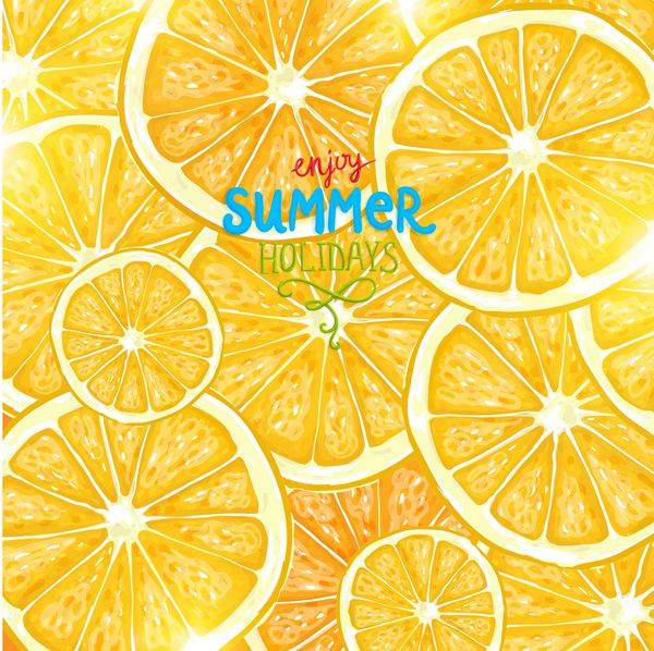 لیمو و پرتقال با درخشش خورشید و قطره های آب برای طراحی پس زمینه تابستانی روشن وکتور