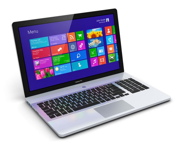 لپ تاپ نوت بوک یا رایانه شخصی مدرن با رابط صفحه نمایش لمسی با نمادهای رنگی جدا شده در پس زمینه سفید