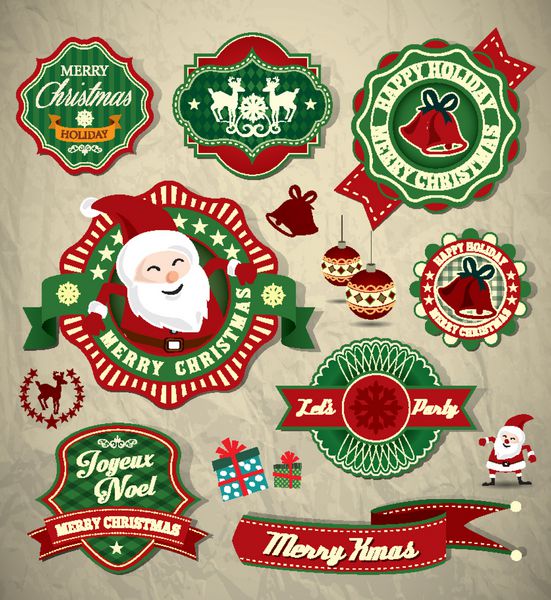 مجموعه ای از برچسب ها نشان ها و نمادهای کریسمس رترو قدیمی