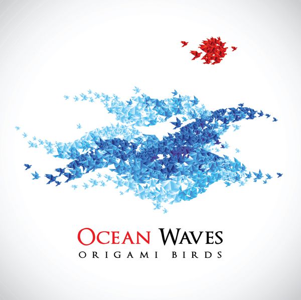 پس زمینه تابستان - امواج اقیانوس اوریگامی شکل گرفته از پرندگان کاغذی در حال پرواز - وکتور