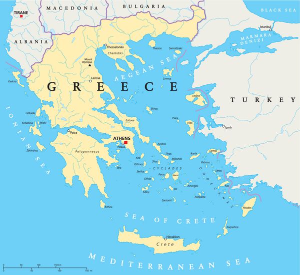 نقشه سیاسی یونان نقشه دستی یونان با پایتخت آتن مرزهای ملی مهم ترین شهرها رودخانه ها و دریاچه ها با برچسب و مقیاس انگلیسی