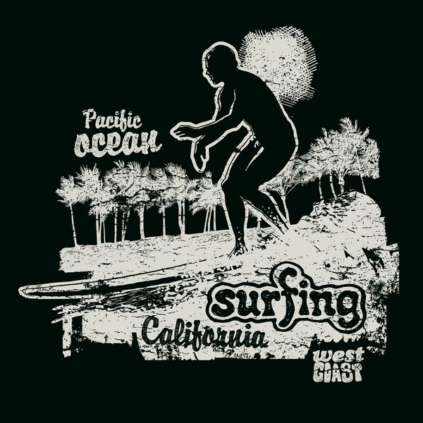 طراحی رترو شرکت موج سواری کالیفرنیا برای چاپ تی شرت با موج سوار کف دست فونت های دست نویس و بافت وکتور