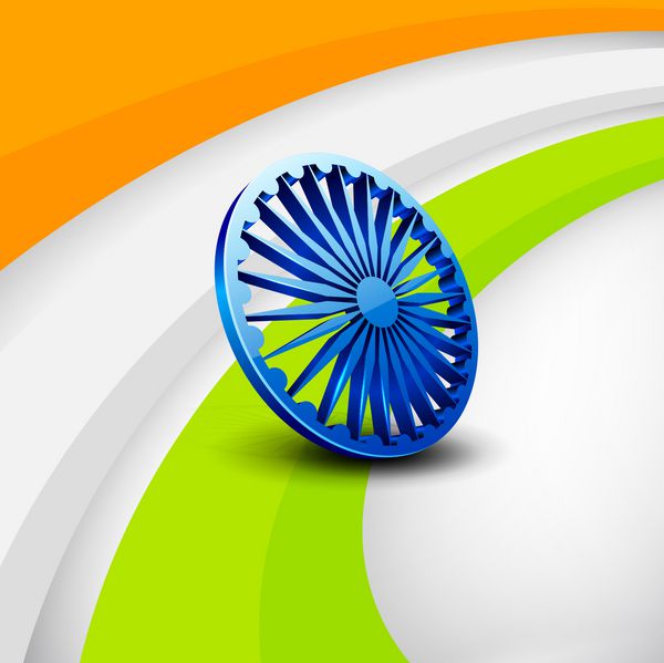 مفهوم روز استقلال با چرخ آشوکا سه بعدی در پس زمینه سه رنگ هندی