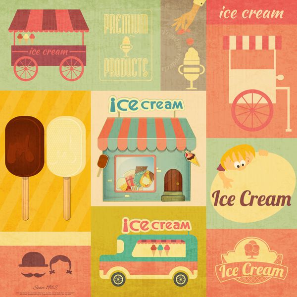 کارت منوی وینتیج دسر بستنی به سبک رترو - مجموعه ای از عناصر طراحی بستنی وکتور