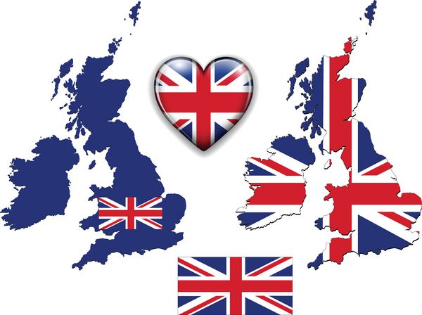 بریتانیا پرچم انگلستان نقشه و دکمه براق مجموعه وکتور