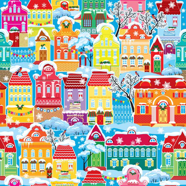 الگوی بدون درز با خانه های رنگارنگ تزئینی در فصل زمستان تعطیلات کریسمس و سال نو پس زمینه بی پایان شهر