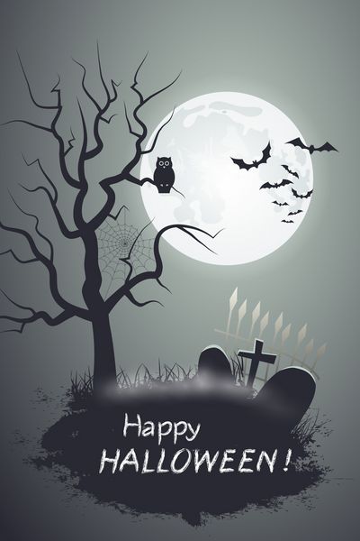 هالووین مبارک گورستان با درختی در پس زمینه ماه وکتور