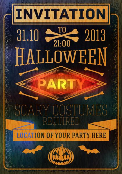 دعوت به مهمانی هالووین با خفاش استخوان و کدو تنبل با مکانی برای متن شما از محل مهمانی بردار