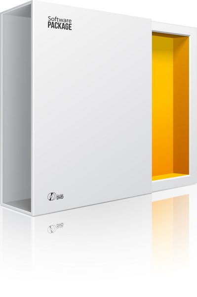جعبه بسته نرم‌افزار مدرن سفید نارنجی در داخل باز شده برای دی‌وی‌دی دیسک سی‌دی یا سایر محصولات شما