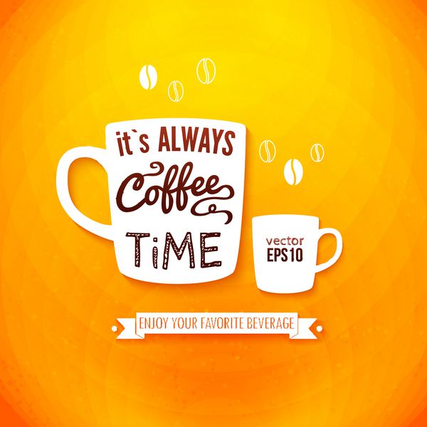همیشه وقت قهوه است پوستری با فنجان های قهوه در پس زمینه شاد روشن سبک کاغذ برش وکتور
