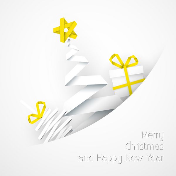 وکتور ساده کارت کریسمس سفید با هدیه درخت و چوب دستی ساخته شده از نوار کاغذی