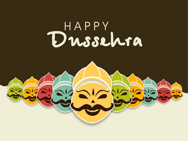 فستیوال هندی Happy Dussehra با تصویر چهره خندان راوانا با ده سر خود در رنگ های مختلف