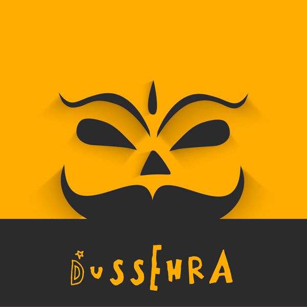 جشنواره هندی مفهوم Happy Dussehra با چهره خندان راوانا در زمینه زرد و خاکستری انتزاعی