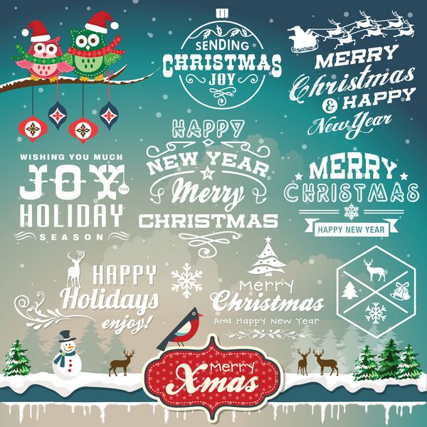 مجموعه دکوراسیون کریسمس از طرح های خوشنویسی و تایپوگرافی با برچسب ها نمادها و عناصر نمادها