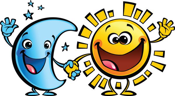 شخصیت های کارتونی خورشید خندان زرد درخشان و ماه آبی تصویر مفهومی شبانه روز شاد