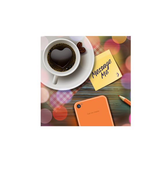فنجان قهوه پاییزی تبلت و یادداشت چوب زرد روی میز پس‌زمینه تار وکتور