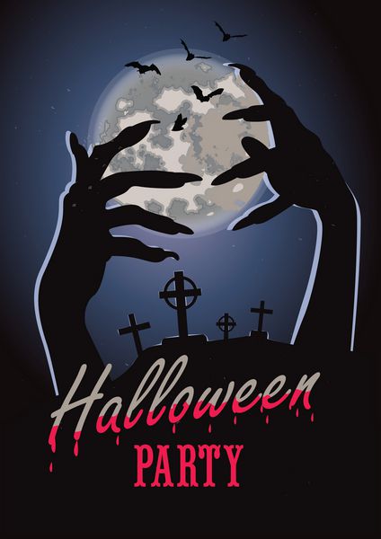 جشن هالووین پوستر تعطیلات مبارک پس زمینه با ماه گورستان منظره با قبرها و دستان زامبی