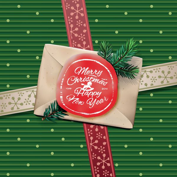 کارت تبریک کریسمس نامه کریسمس مبارک با مهر مومی قرمز یا مهر روی جعبه هدیه وکتور