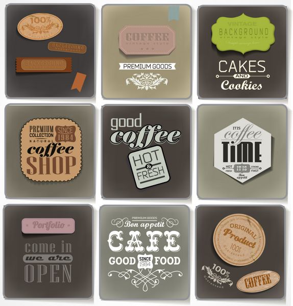 برچسب ها و تایپوگرافی نانوایی رترو کافی شاپ کافه عناصر طراحی منو خوشنویسی
