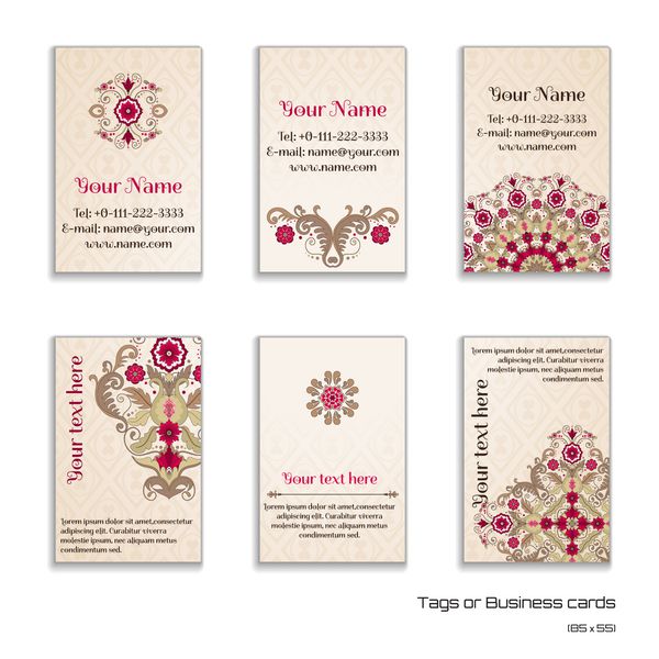 مجموعه شش تایی کارت ویزیت عمودی الگوی گل های زیبا در سبک قدیمی زیور ساده و ظریف مکانی برای متن شما مطابق با اندازه های استاندارد