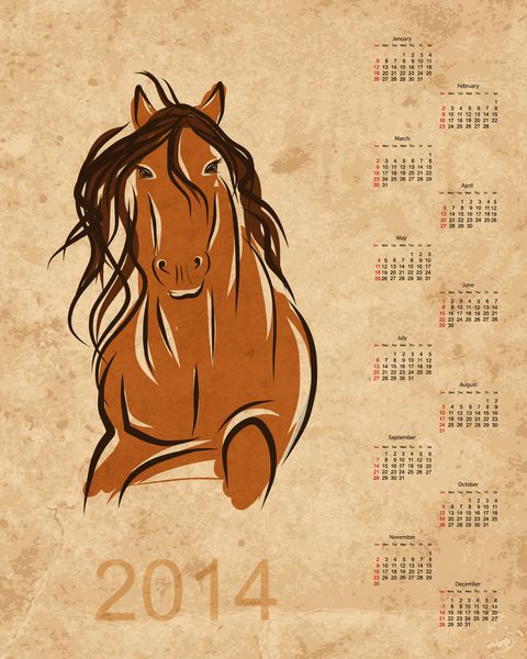 تقویم 2014 طرح اسب روی کاغذ گرانج