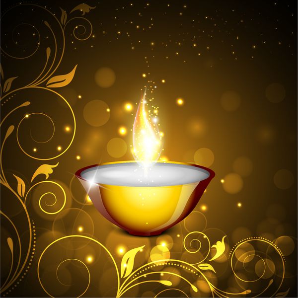جشنواره چراغ‌های هند کارت تبریک دیوالی مبارک در زمینه گل طلایی با لامپ‌های روغنی روشن