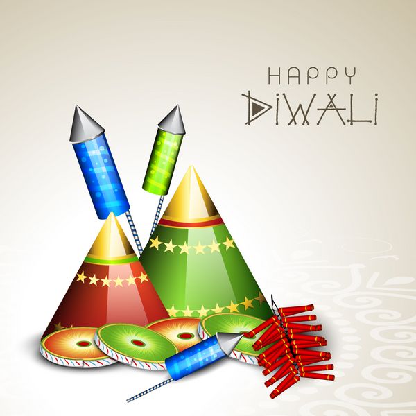 جشنواره چراغ‌های هند کارت تبریک دیوالی مبارک با ترقه‌های رنگارنگ در پس‌زمینه انتزاعی