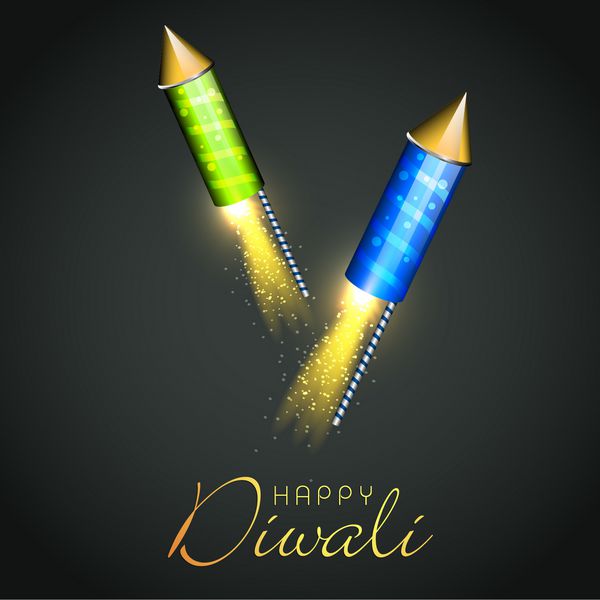 جشنواره چراغ های هند کارت تبریک دیوالی مبارک با ترقه های براق در زمینه سبز تیره