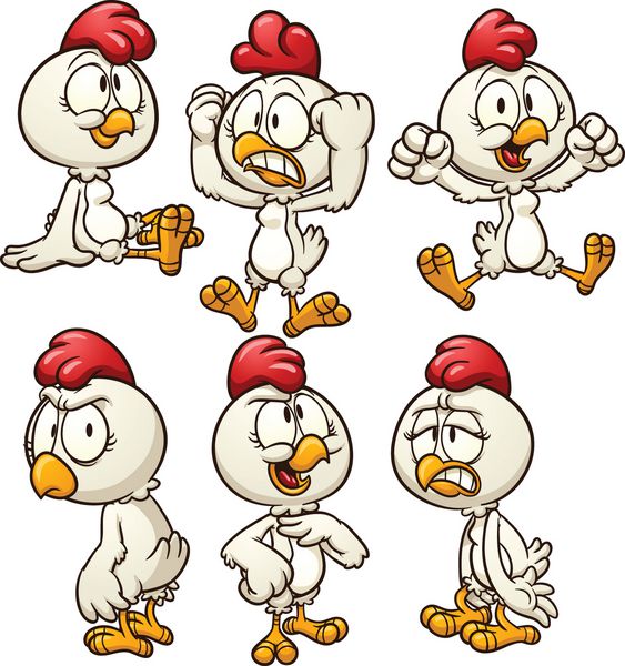 مرغ کارتونی زیبا در حالت های مختلف وکتور کلیپ آرت با شیب ساده هر کدام در یک لایه جداگانه