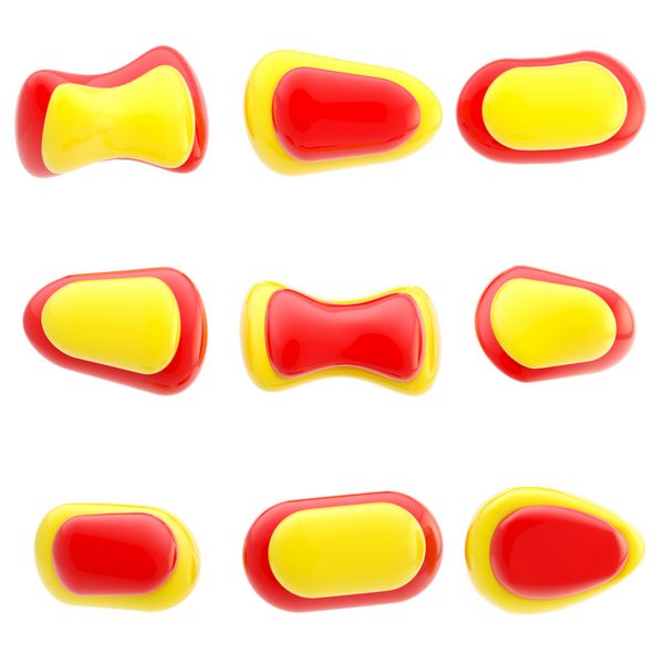 مجموعه ای از نه دکمه پلاستیکی براق قرمز و زرد جدا شده روی خاکستری