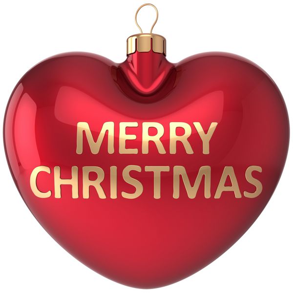 تزیین قرمز قلب توپ کریسمس I Love Merry Xmas سوغاتی عنصر طراحی کارت تبریک شب سال نو مفهوم نماد تعطیلات زمستانی سنتی رندر سه بعدی جدا شده در پس زمینه سفید
