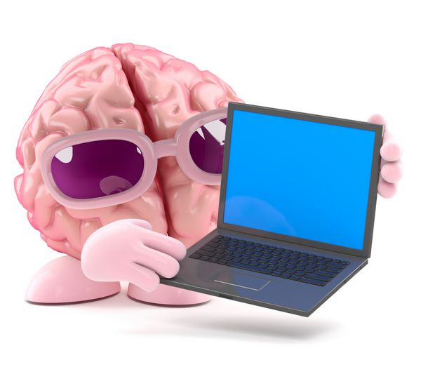 رندر سه بعدی مغزی که لپ تاپ را در دست دارد