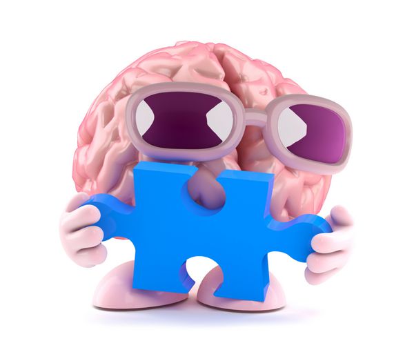 رندر سه بعدی مغزی که تکه ای از پازل را در دست دارد