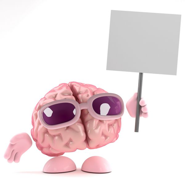 رندر سه بعدی یک شخصیت مغزی که پلاکاردی در دست دارد